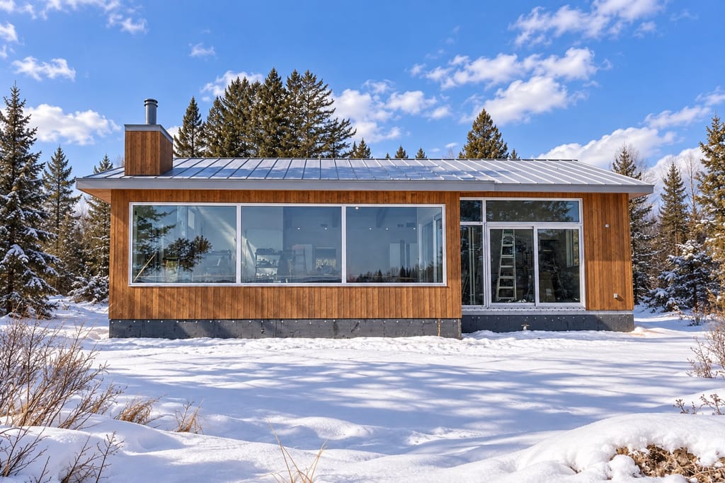 Chalet de Saint-Hippolyte livré : revêtement de bois, toit de tôle et mur vitré, sous la neige.