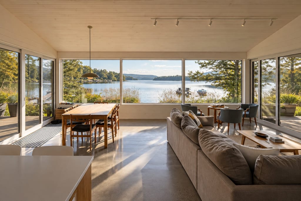 Salle à manger livrée par ASA devant le mur vitré du chalet de Saint-Hippolyte, vue sur le lac.