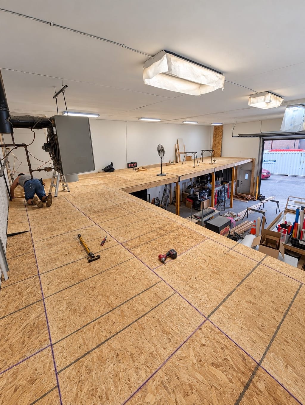 Commercial space under renovation, plywood subfloor laid, garage door open.