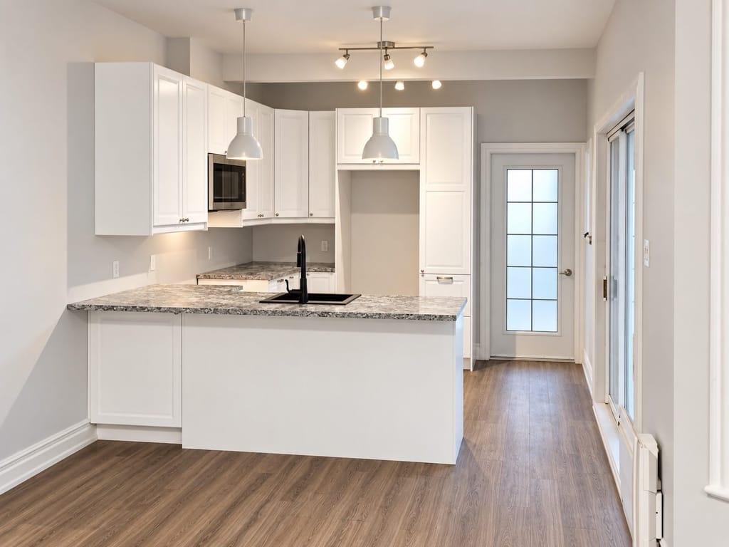 Cuisine livrée clé en main par ASA : îlot, comptoir de quartz et armoires sur mesure.