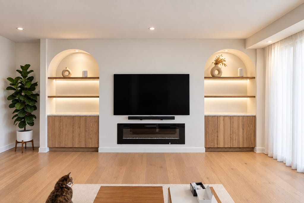Meuble télé intégré et rangements éclairés, ébénisterie sur mesure d'ASA.