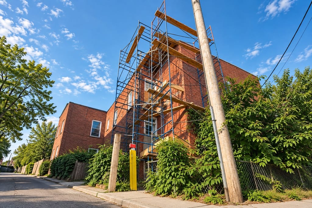 Échafaudage sur la façade de brique d'un triplex montréalais.
