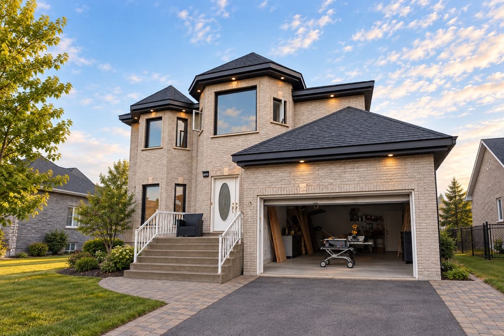 Façade d'une maison de Laval en chantier, matériaux livrés devant le garage.