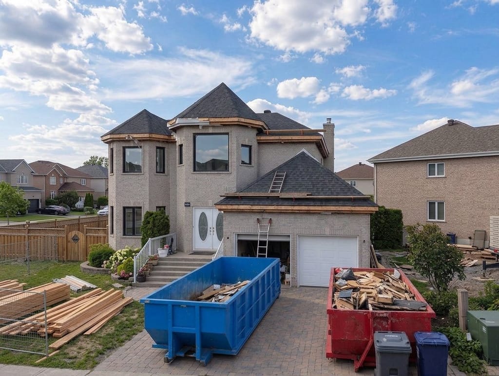 Maison de banlieue en chantier, conteneur et matériaux devant l'entrée.