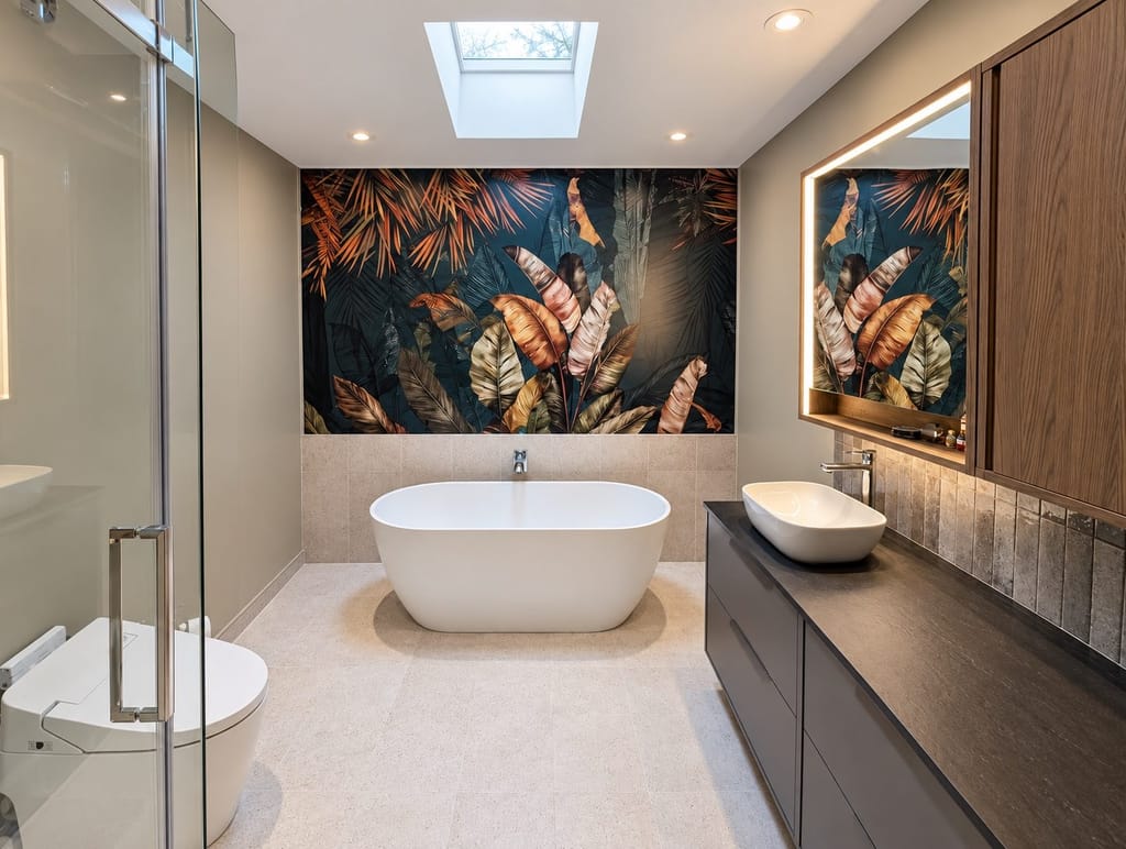 Salle de bain livrée par ASA : baignoire autoportante sous un puits de lumière.