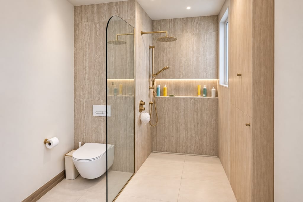 Douche beige et robinetterie dorée, salle de bain livrée par ASA.
