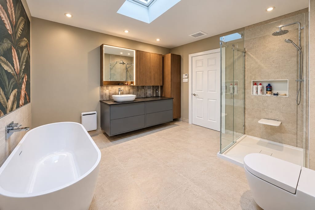 Salle de bain livrée par ASA : douche vitrée, vanité de noyer et baignoire autoportante.