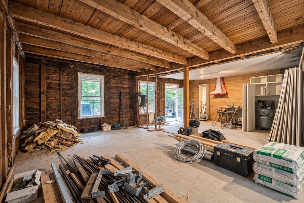 Aire ouverte d'un plex montréalais pendant l'ouverture : brique mise à nu et poteaux temporaires.